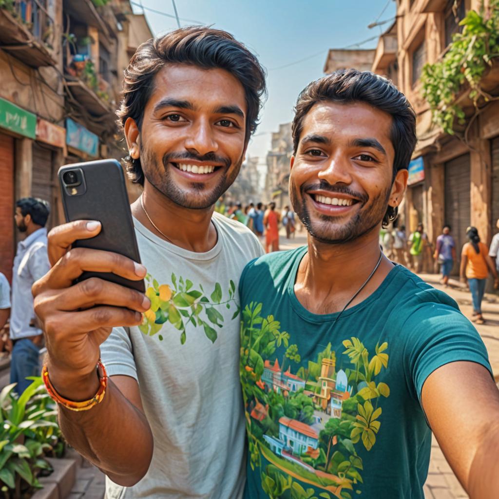 Joyful Indian Men Taking Selfie in Bustling Street