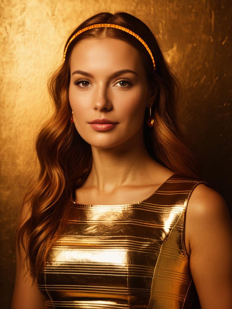 Woman in Glamorous Metallic Gold Sleeveless Top with Matching Accessories
