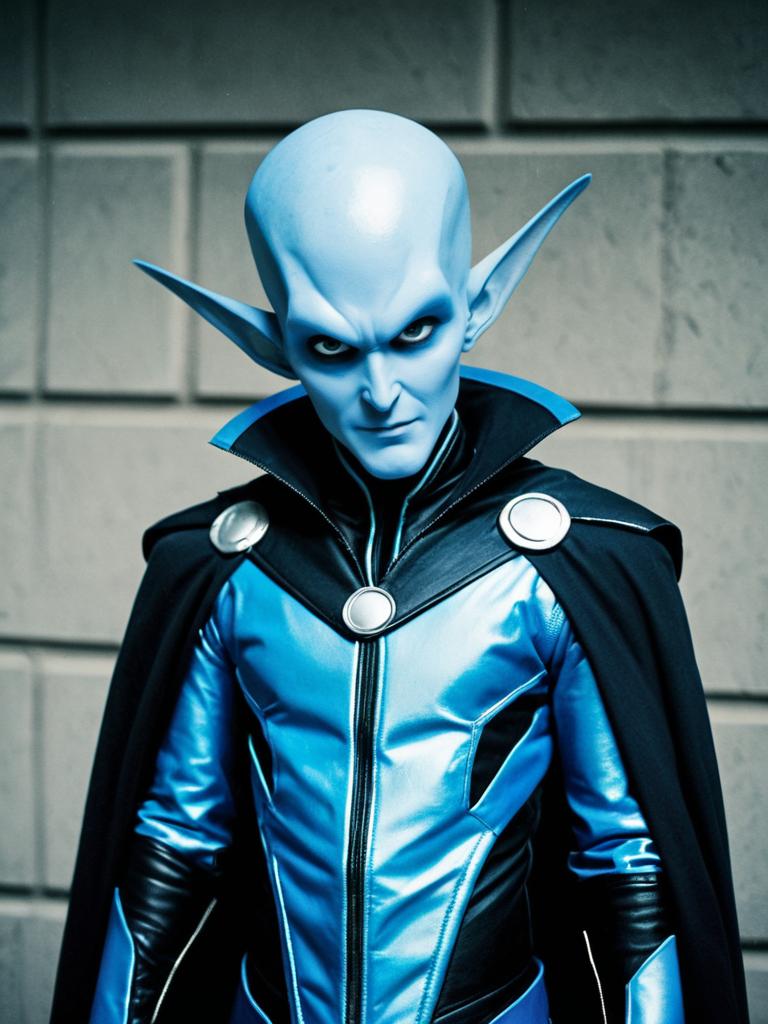 Megamind Cosplay Man in Blue Leather Suit with Cape Editorial Photo