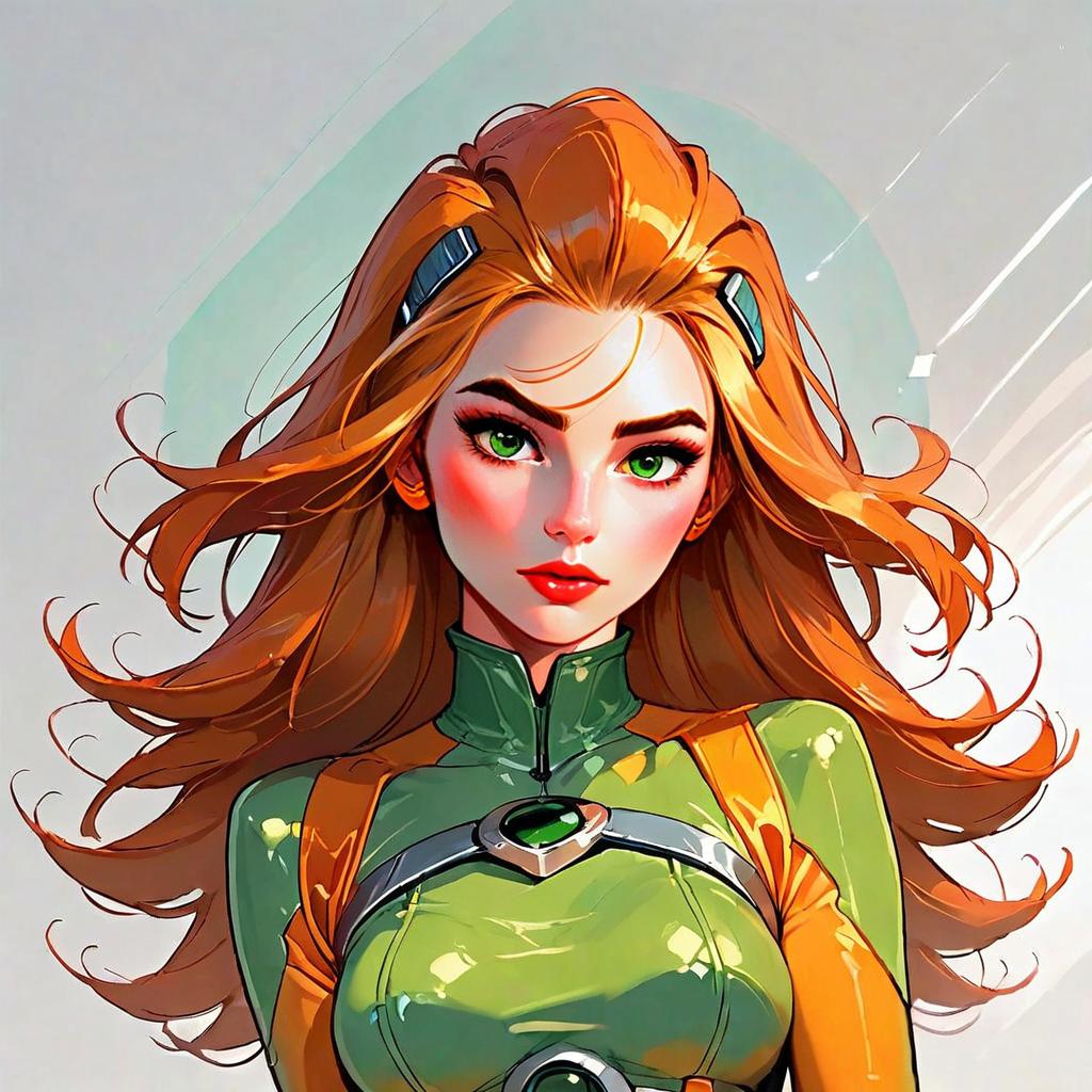 Digital Portrait of Woman in Futuristic Green and Orange Outfit