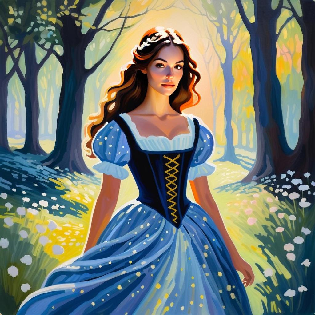 Woman in Blue Dress in Sunlit Forest