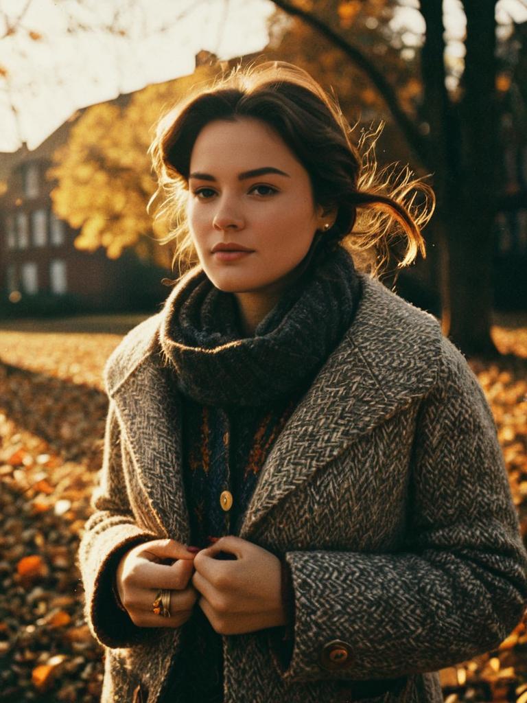 Woman in Vintage Cozy Fall Outfit During Golden Hour with Cinematic Realism