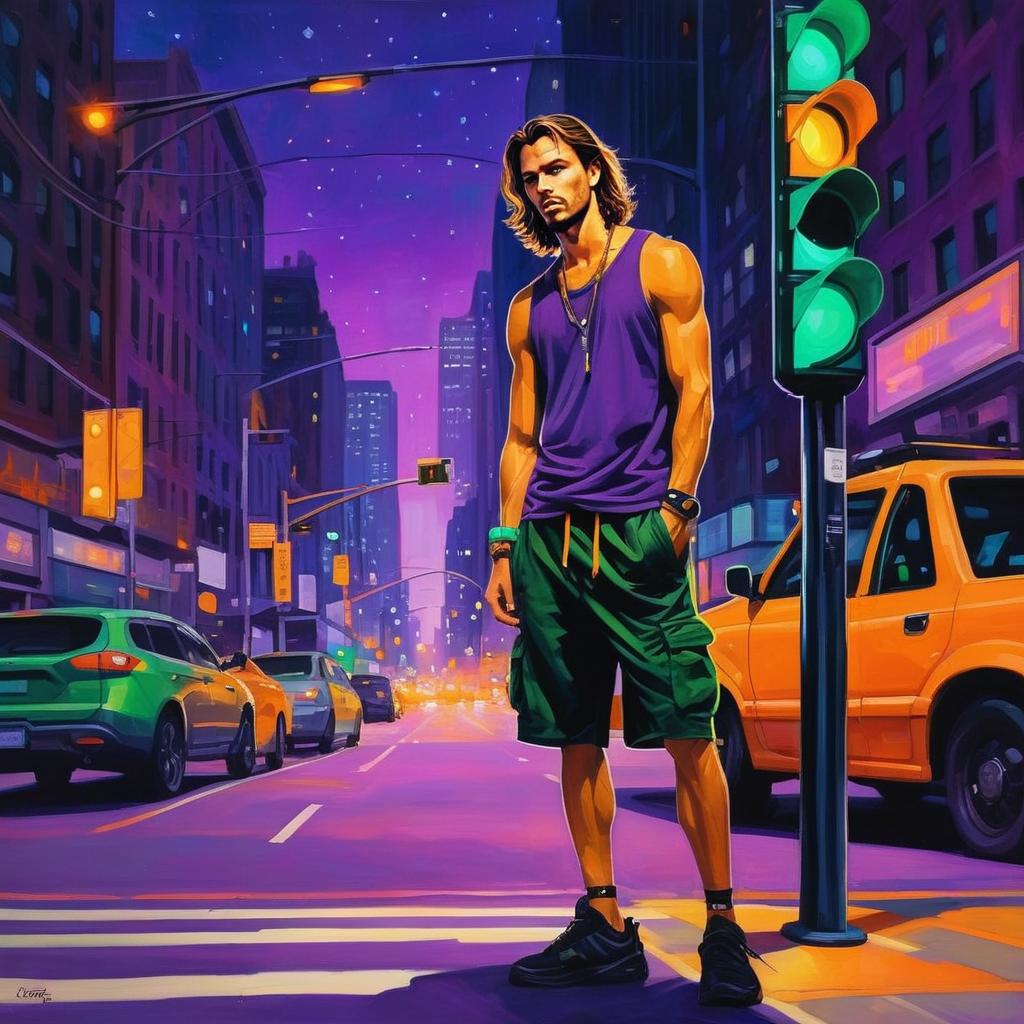 Young Man in Neon City at Dusk