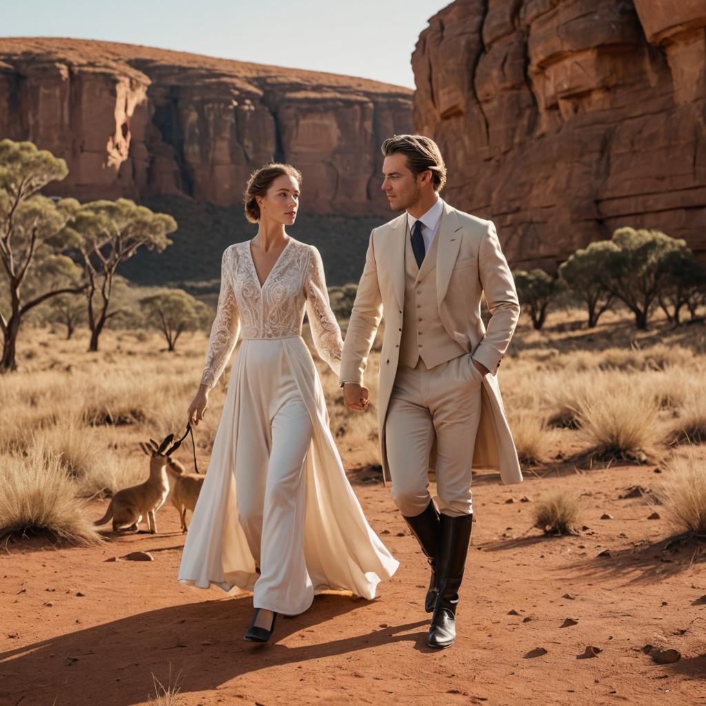 Artistic couple in wedding attire in scenic desert