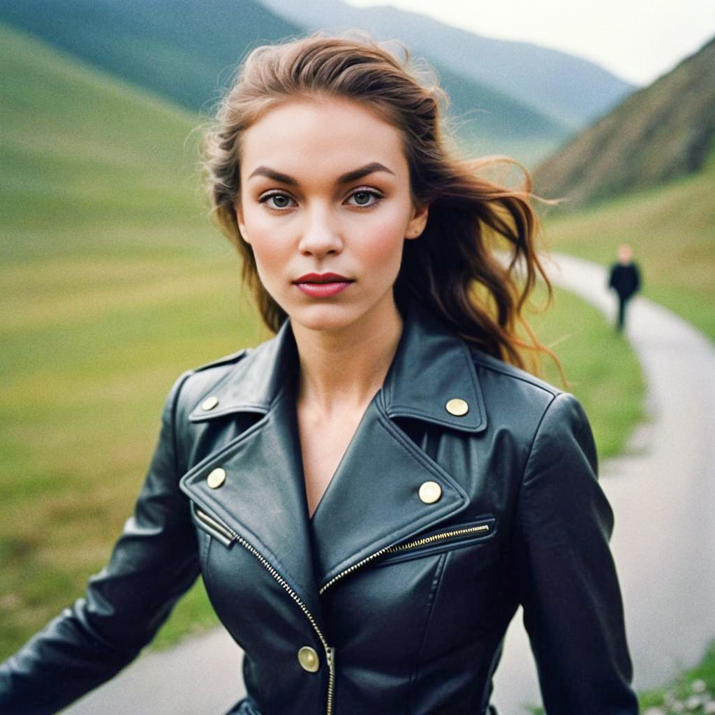 Confident Woman in Leather Jacket Against Nature