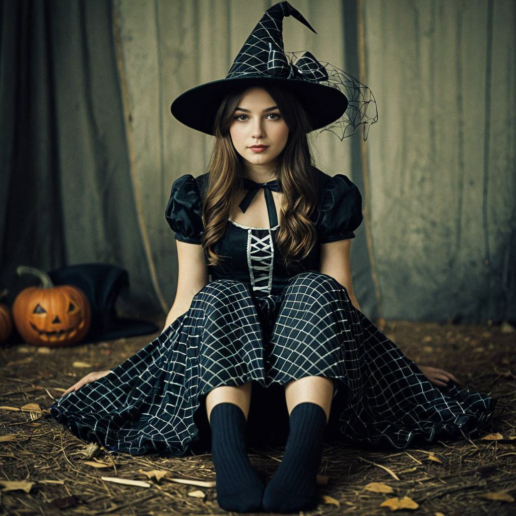 Young Woman in Classic Black Witch Costume Surrounded by Autumn Leaves Young Woman in Classic Black Witch Costume Surrounded by Autumn Leaves