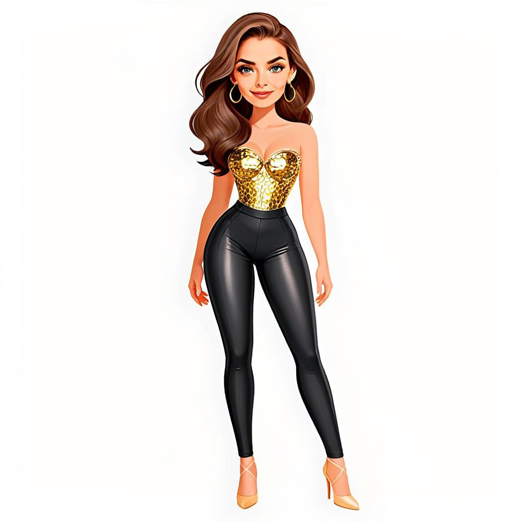 Stylish Woman in Gold Corset and Black Leather Pants Cocktail Outfit Illustration