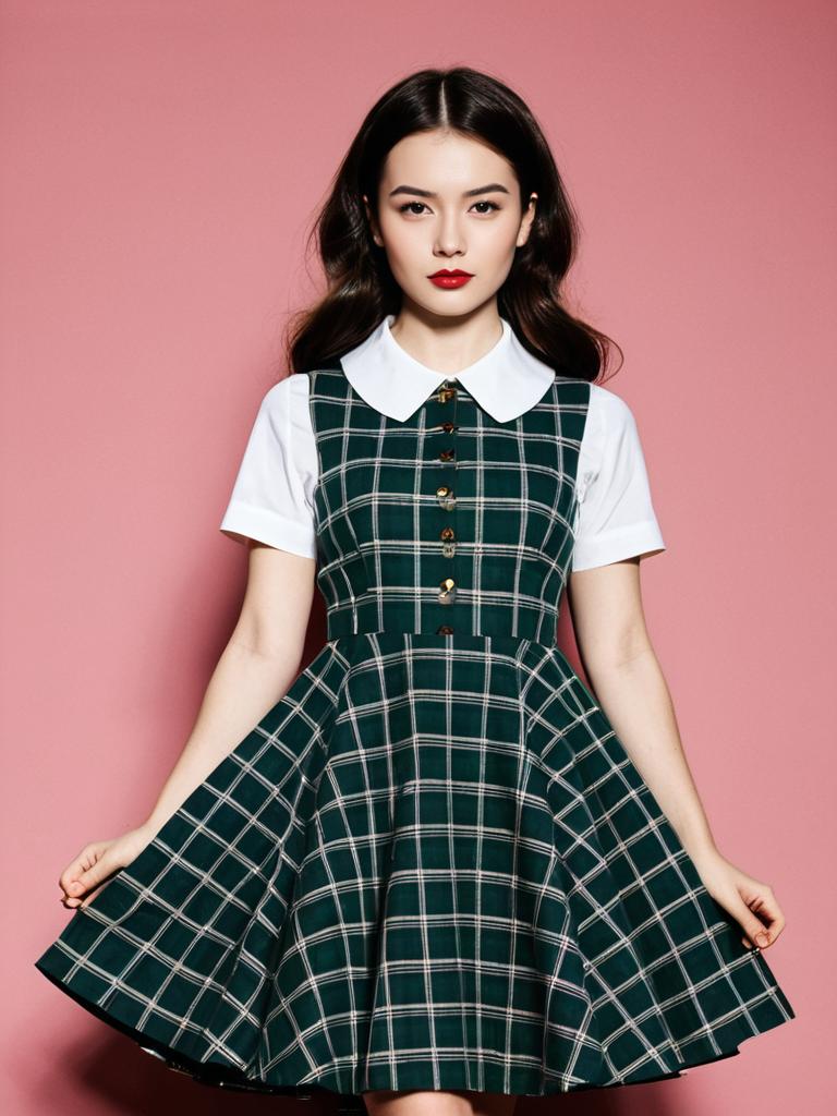 Retro-Inspired Green Tartan Pinafore Dress with Full Circle Skirt on Woman