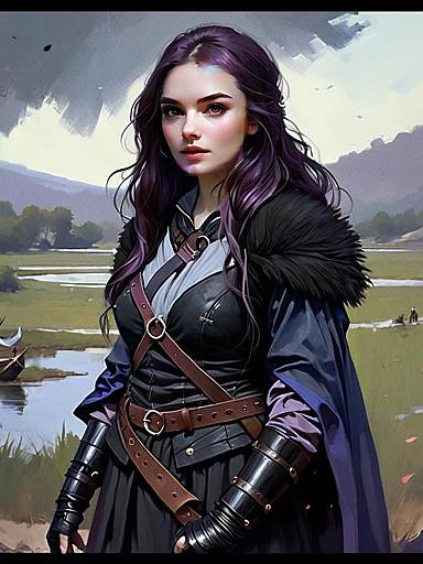 Fantasy Warrior Woman in Medieval Armor by River Landscape