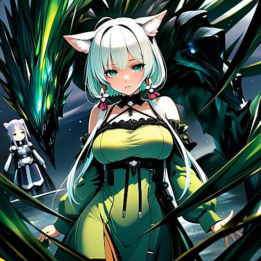 Anime Woman with Cat Ears and Mystical Creatures Fantasy Illustration