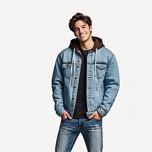 Young Man Wearing Denim Jacket and Hoodie Smiling in Studio
