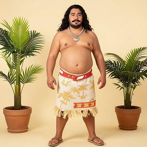 Polynesian Man in Traditional Attire with Tropical Plants on Beige Background