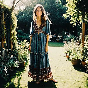 Woman in Bohemian Maxi Dress in Lush Garden