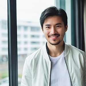 Young man by window with urban view