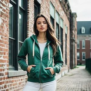 Young Woman Wearing Green Hoodie Outdoors by Brick Buildings