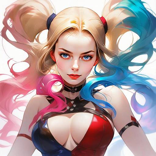 Harley Quinn Digital Art with Vibrant Pink and Blue Hair in Anime Style