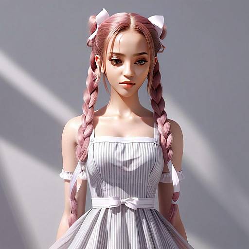 Digital Anime-Style Portrait of Young Woman with Pink Braided Hair in Striped Dress