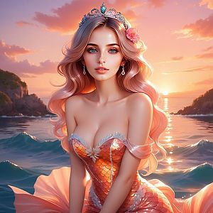 Fantasy Woman with Tiara and Orange Dress at Ocean Sunset