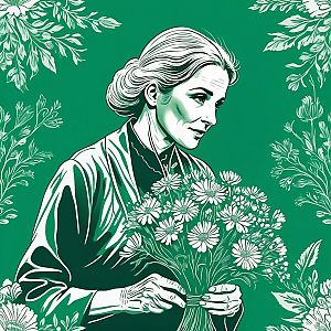 Monochrome Illustration of Woman with Flowers