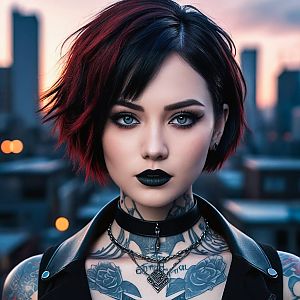 Gothic Woman Portrait with Urban Skyline