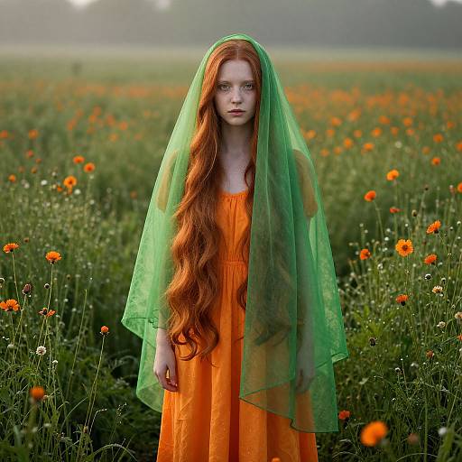 Young Woman in Orange Dress with Green Veil in Wildflower Field