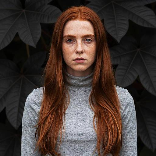 Portrait of Red-Haired Woman in Grey Turtleneck with Dark Leaf Background