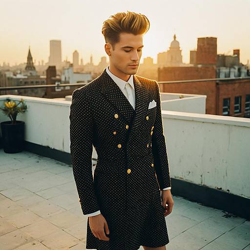 Stylish Young Man in Polka Dot Coat on Rooftop at Sunset