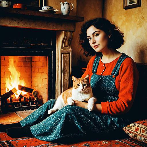 Woman Sitting by Fireplace with Cat in Cozy Vintage Setting