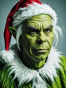 Photorealistic Man in Grinch Costume with Santa Hat Cinematic Portrait