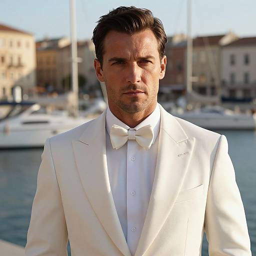 Man in White Tuxedo by Marina Wearing Bow Tie