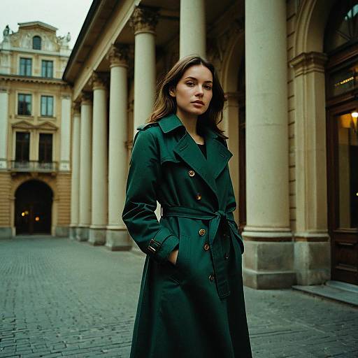 Woman in Dark Green Trench Coat with Classical Architecture Background