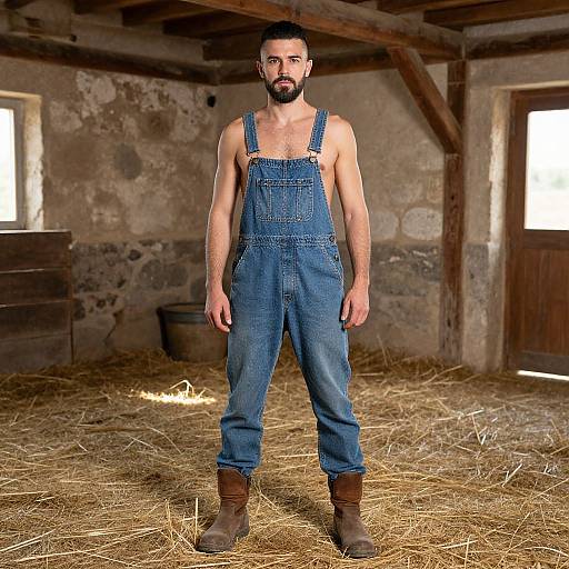 Man in Denim Overalls Standing in Rustic Barn