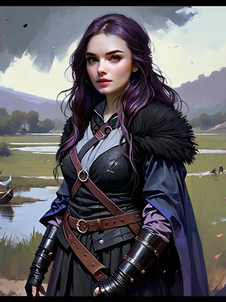 Fantasy Warrior Woman in Medieval Armor by River Landscape