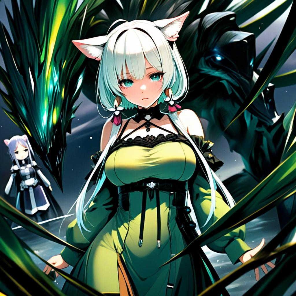 Anime Woman with Cat Ears and Mystical Creatures Fantasy Illustration