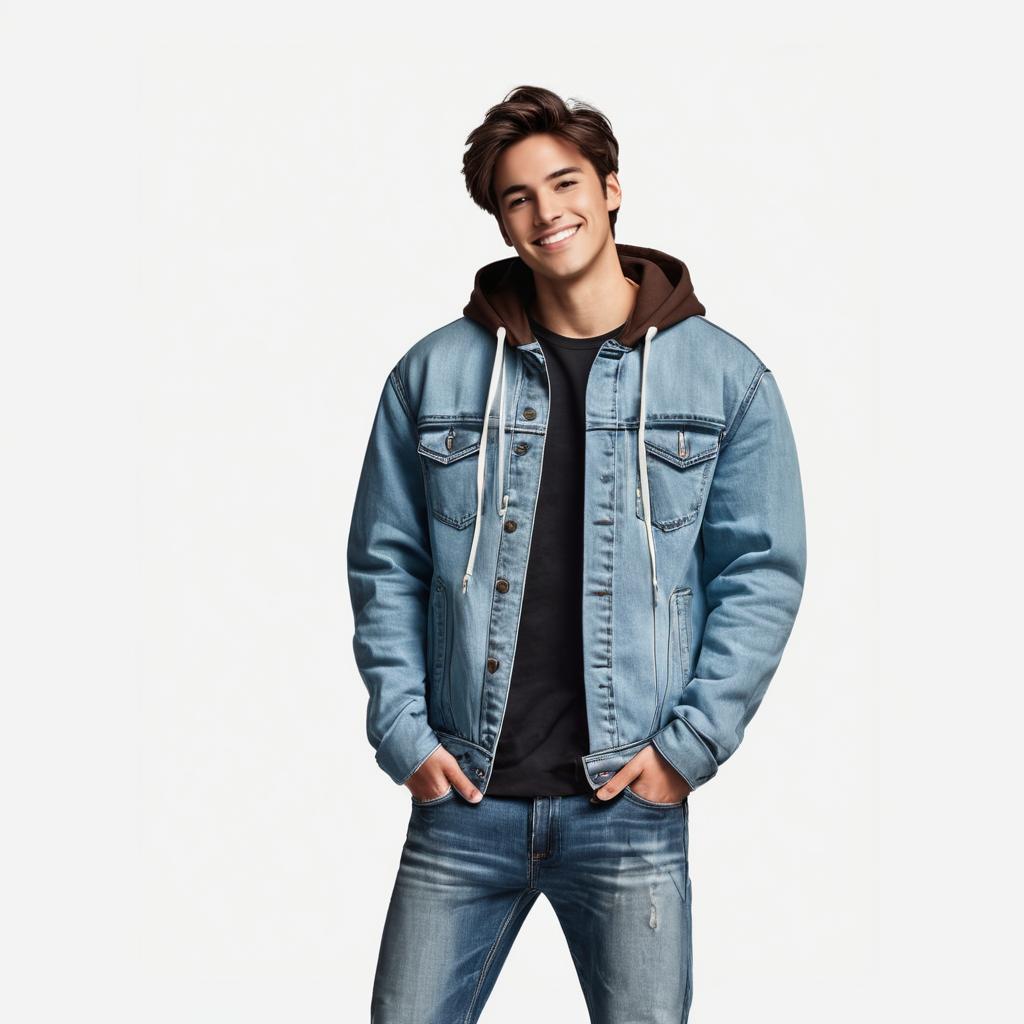 Young Man Wearing Denim Jacket and Hoodie Smiling in Studio