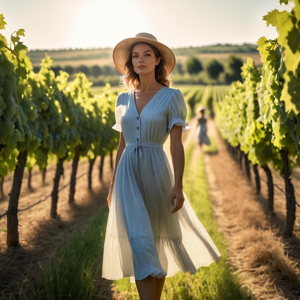 Woman in Light Dress Walking in Vineyard