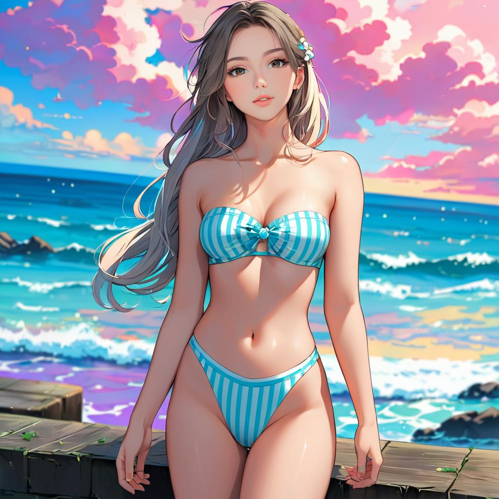 Anime Woman in Blue-Striped Bikini on Beach