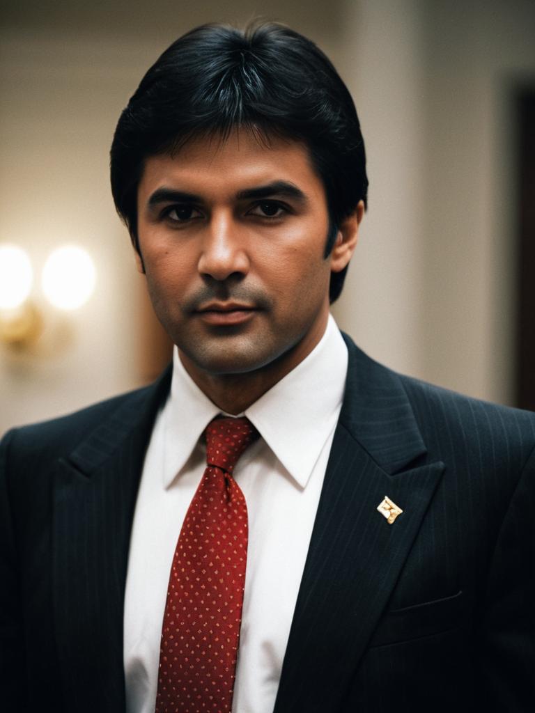 Portrait of Man in Pinstripe Suit with Red Necktie Inspired by Tony Montana Scarface