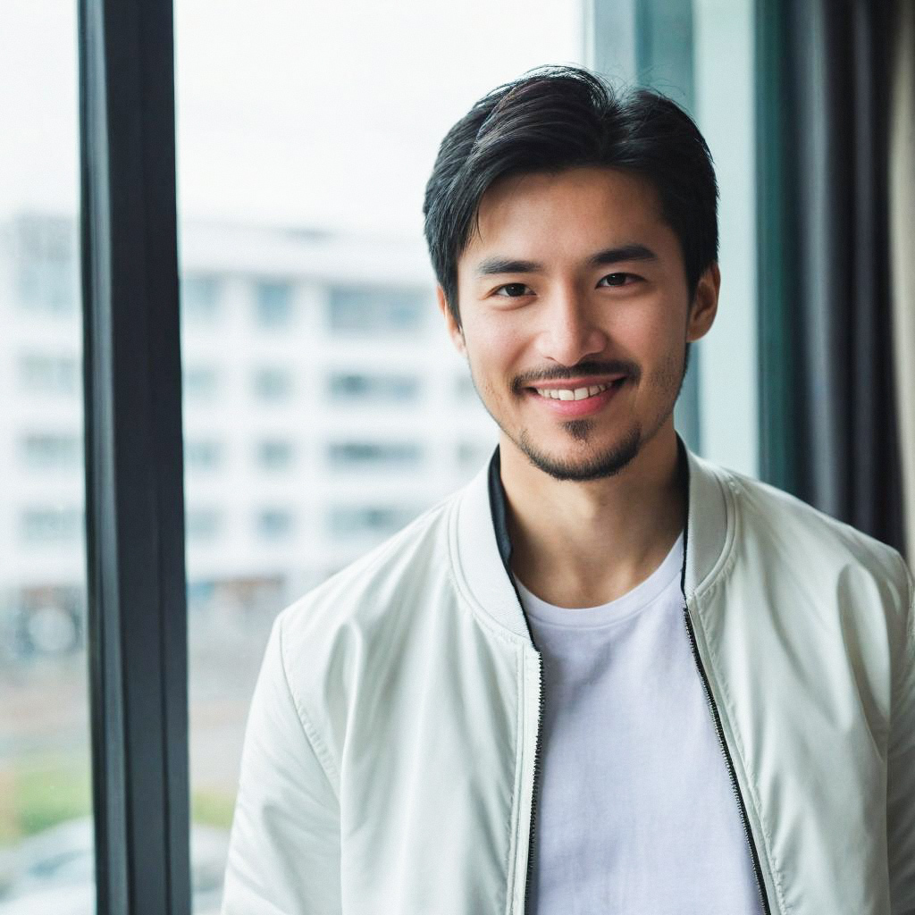 Young man by window with urban view