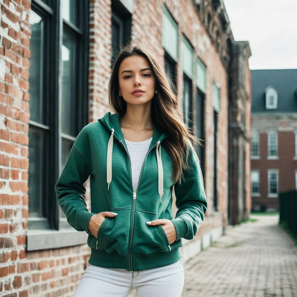 Young Woman Wearing Green Hoodie Outdoors by Brick Buildings