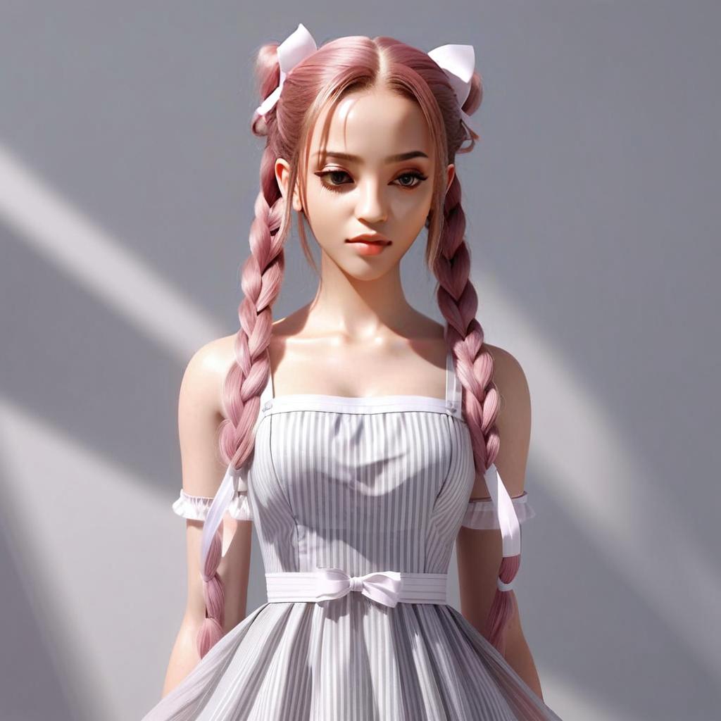 Digital Anime-Style Portrait of Young Woman with Pink Braided Hair in Striped Dress
