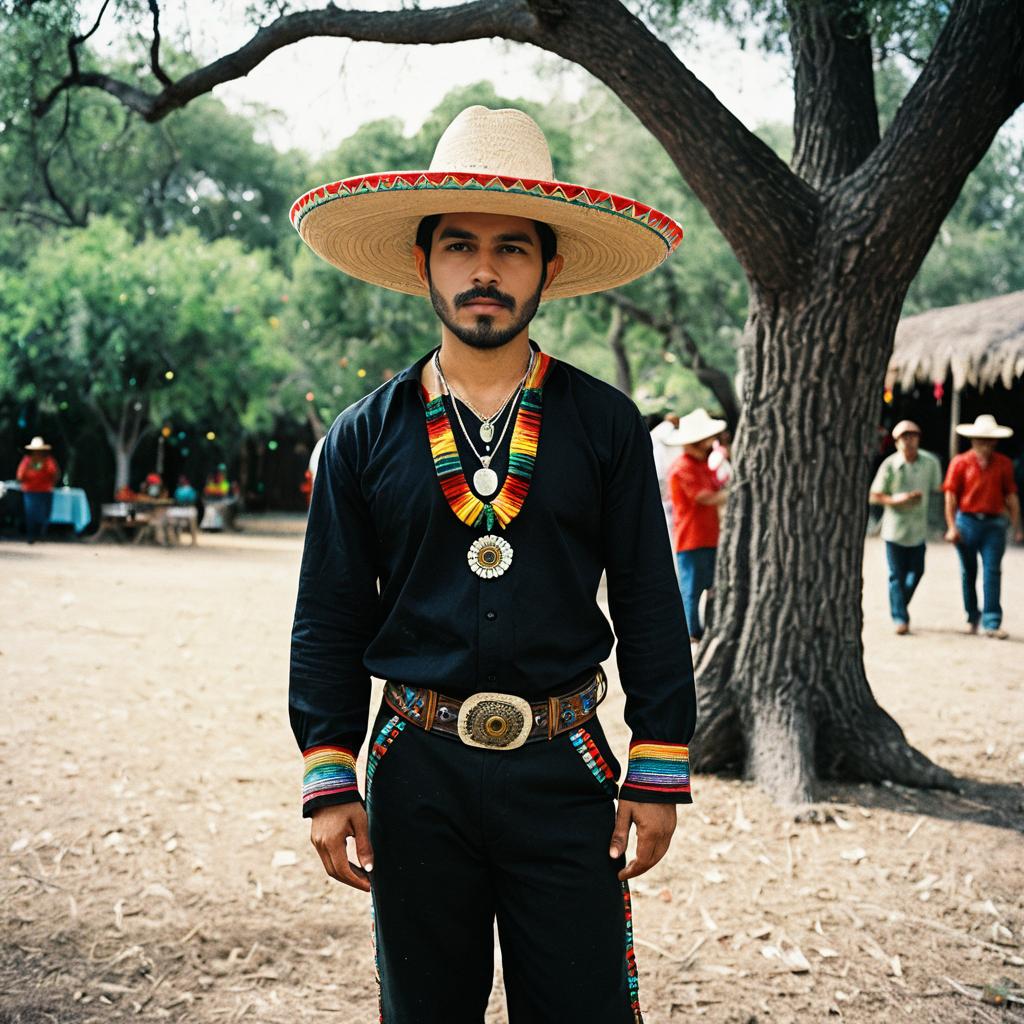 Man in Traditional Mexican Fiesta Costume with Sombrero Outdoors Man in Traditional Mexican Fiesta Costume with Sombrero Outdoors