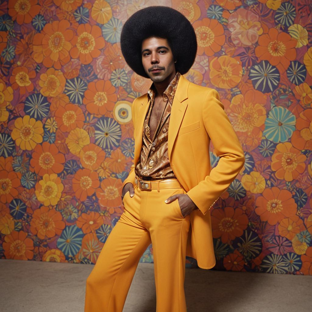 Stylish man in yellow suit with retro backdrop