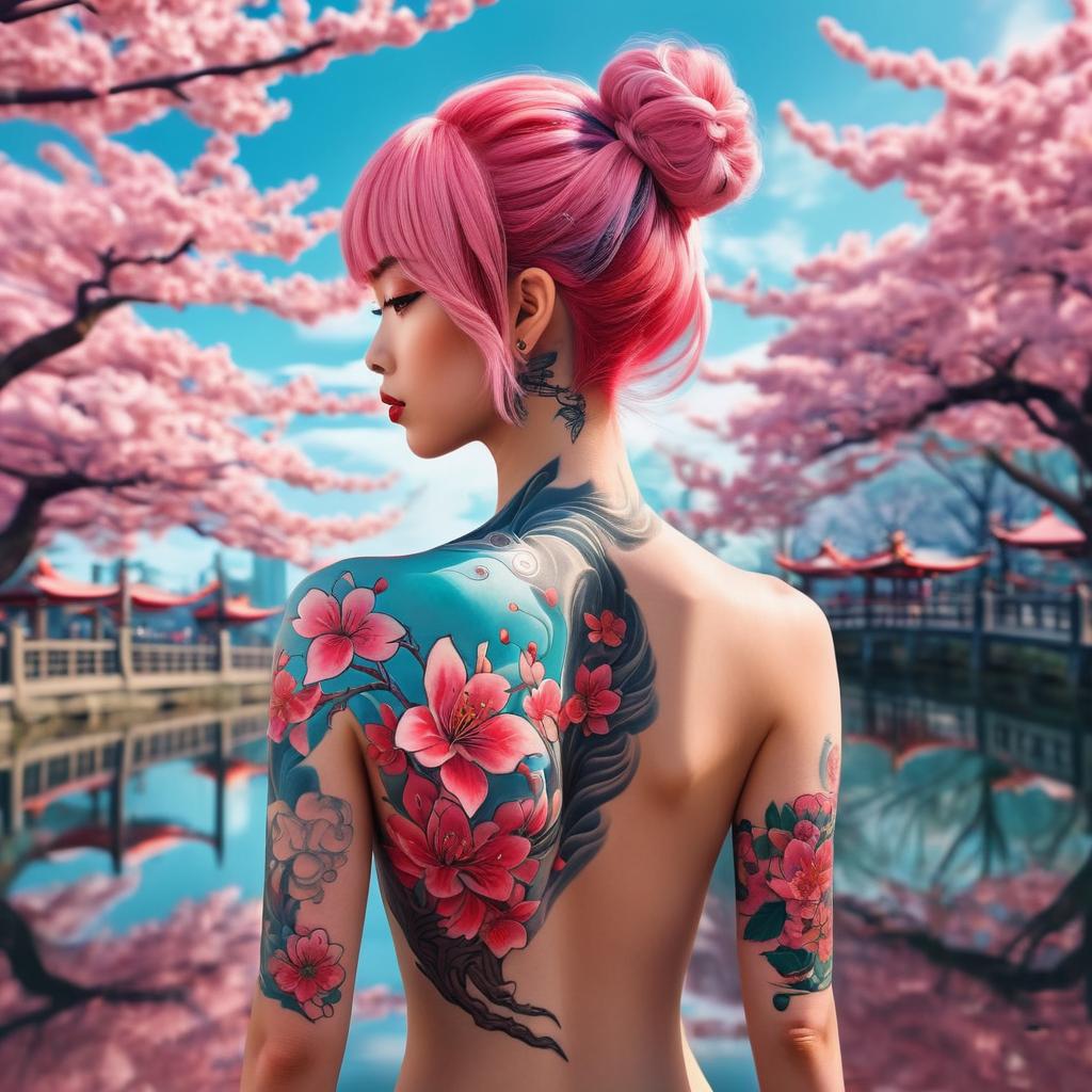 Woman with Pink Hair and Floral Tattoo by Cherry Blossoms