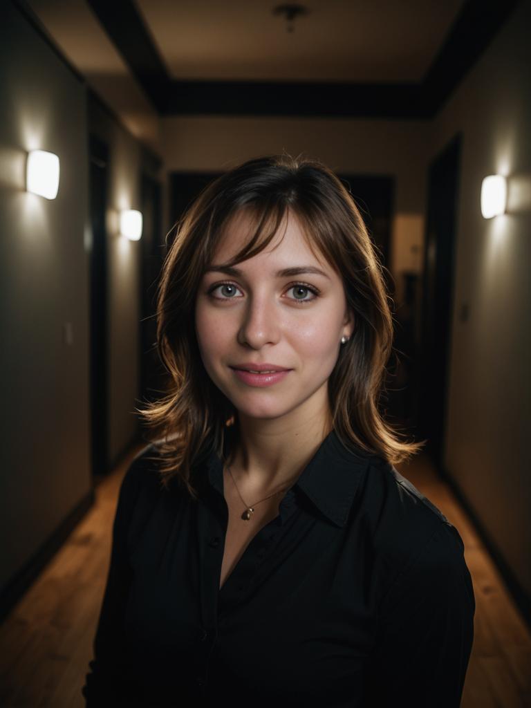 Woman with Warm Smile in Dimly Lit Hallway