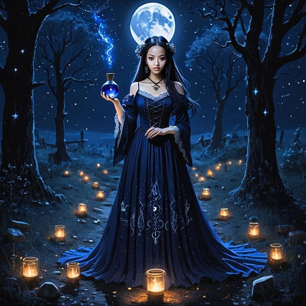 Enchanting Woman with Magical Potion in Moonlit Forest at Night