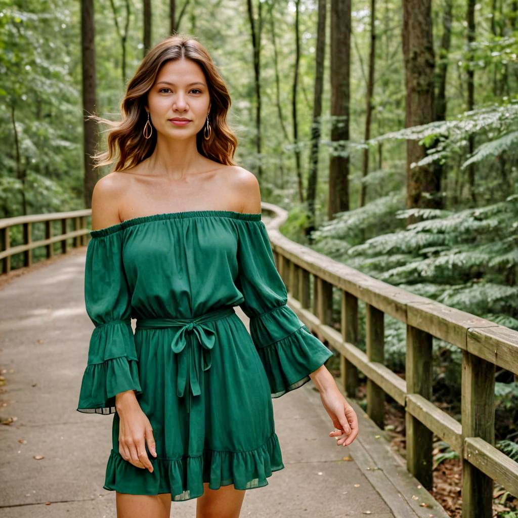 Young Woman in Green Dress Walking in Forest