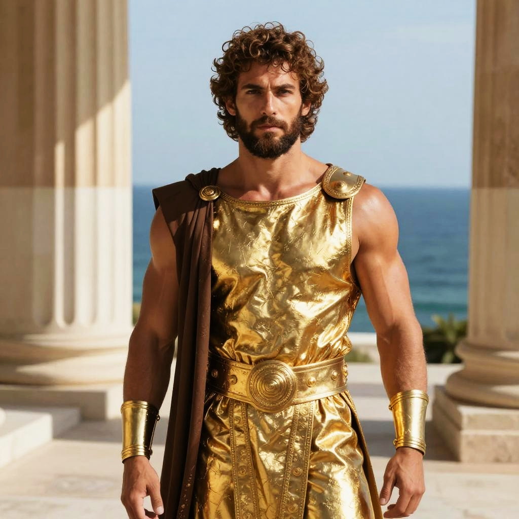 Man Wearing Gold Ancient Greek Armor with Classical Columns and Ocean View