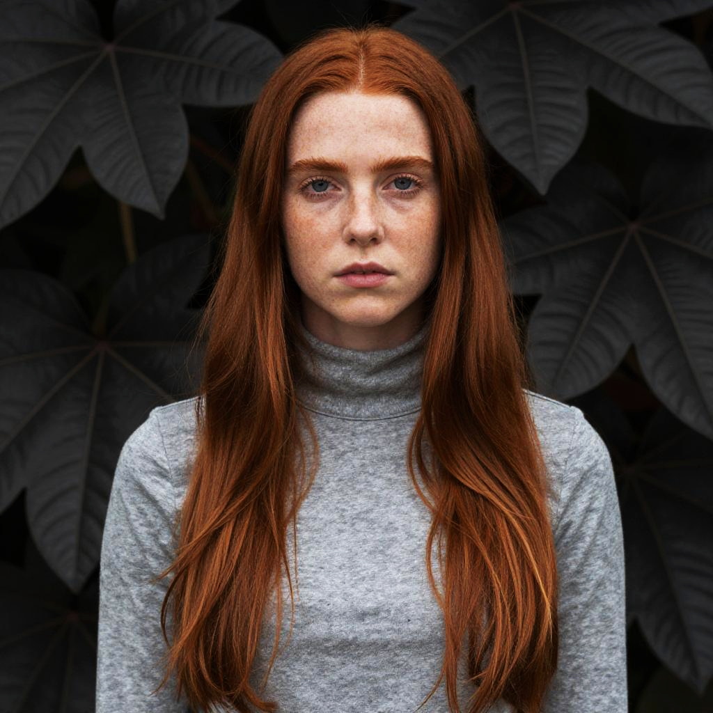 Portrait of Red-Haired Woman in Grey Turtleneck with Dark Leaf Background