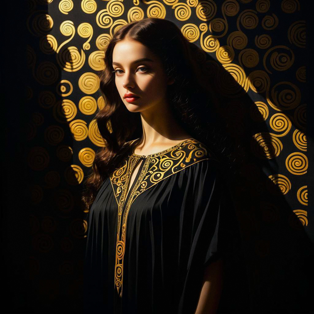 Elegant Woman in Black with Golden Patterns